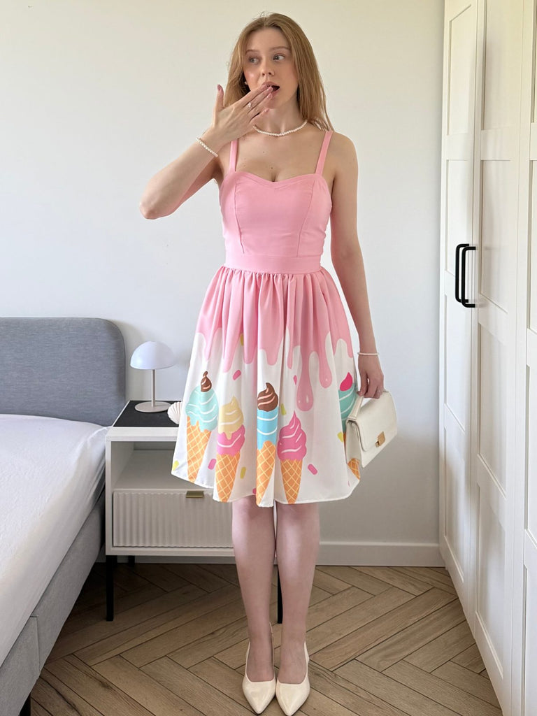 Blassrosa 1950er Eiscreme Herzförmiger Hals Kleid