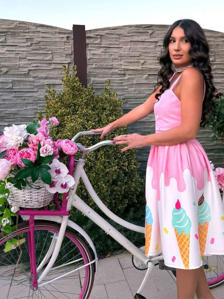 Blassrosa 1950er Eiscreme Herzförmiger Hals Kleid