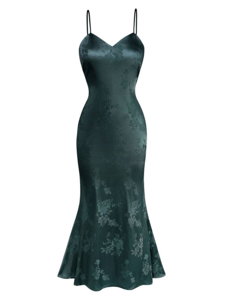 1930er Solide Satin Blumen Jacquard Slip Meerjungfrauen Kleid