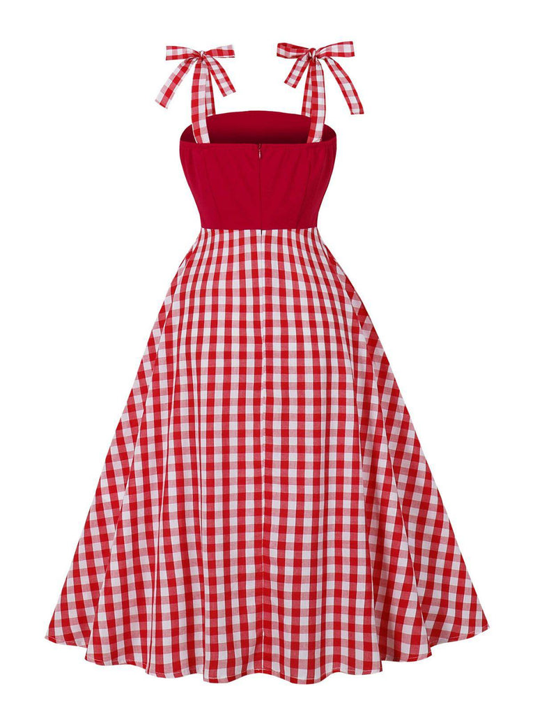Rot 1950er Schulterkrawatte Gingham Plaid Kleid