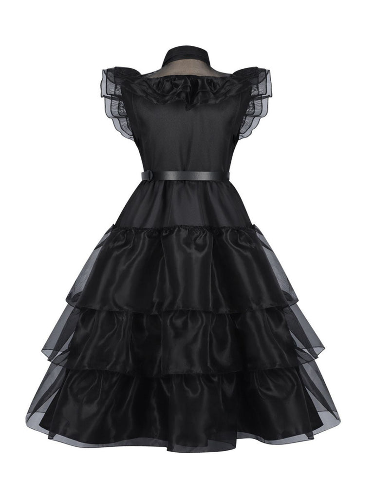 Schwarz 1950er Halloween Wednesday ballkleid Organza Rüschen Revers Kleid