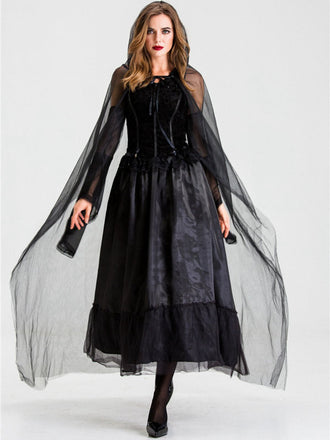 Schwarz 1980er Halloween Netz Patchwork Kleid Mit Cape