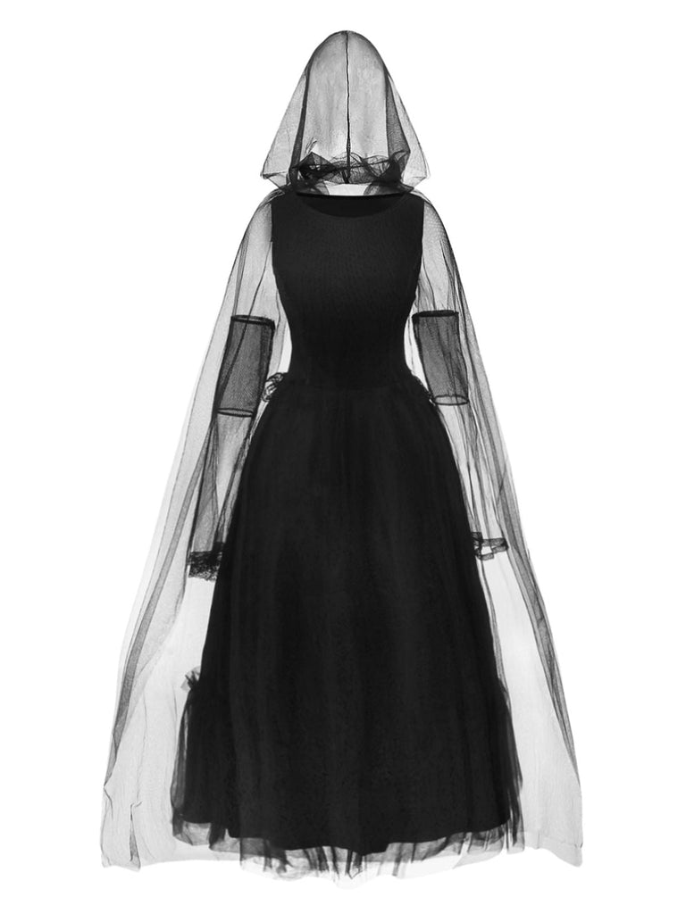 Schwarz 1980er Halloween Netz Patchwork Kleid Mit Cape