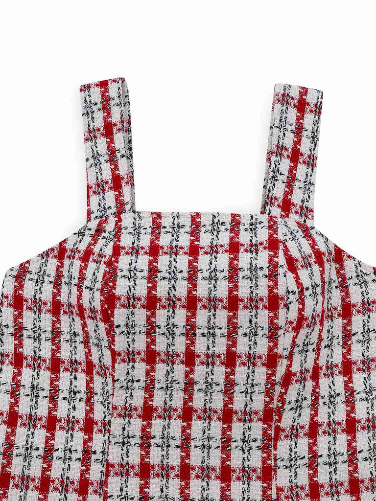 Rot 1960er Plaid Tweed Weste Kleid