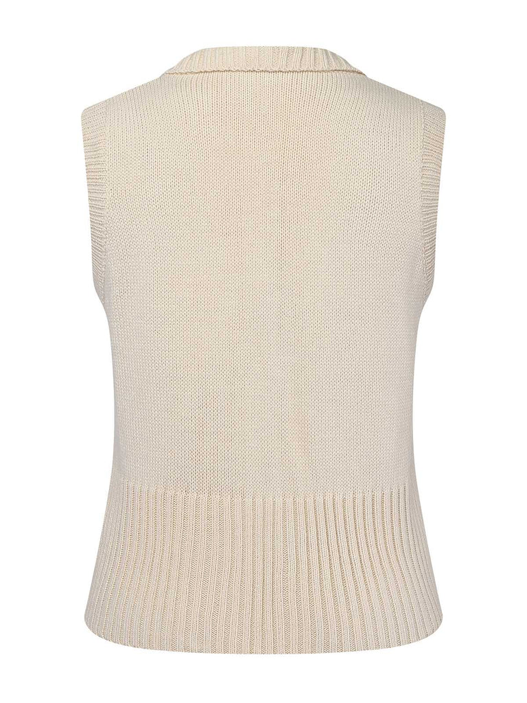 Beige 1950er Revers Ärmellos Stricken Weste