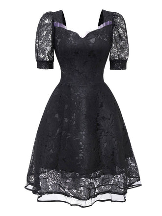 Schwarz 1950er Gothic Hexe Braut Spitze Besticktes Kleid