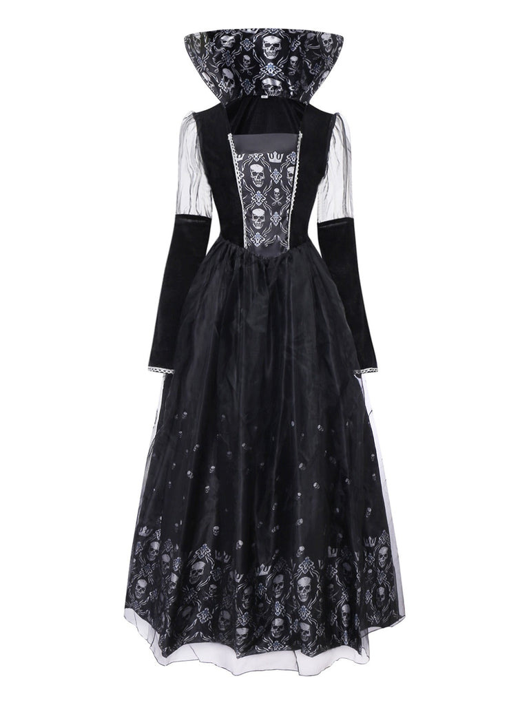 Schwarz 1980er Königin Schädel Langarm Netz Kleid