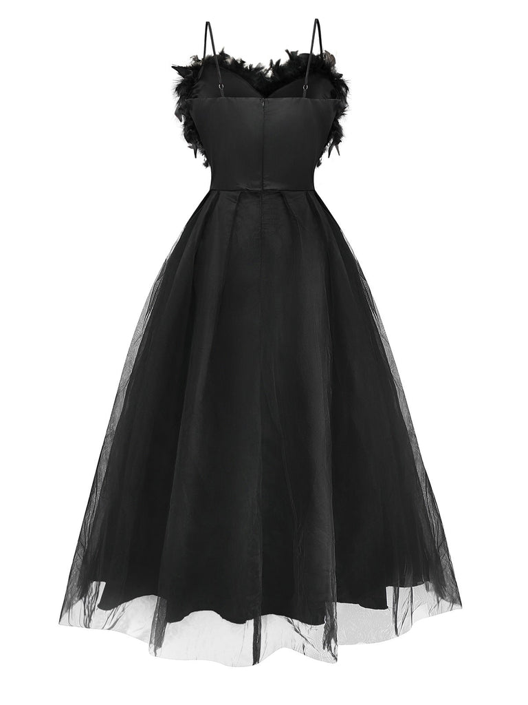 Schwarz 1930er Solide 3D Feder Netz Kleid
