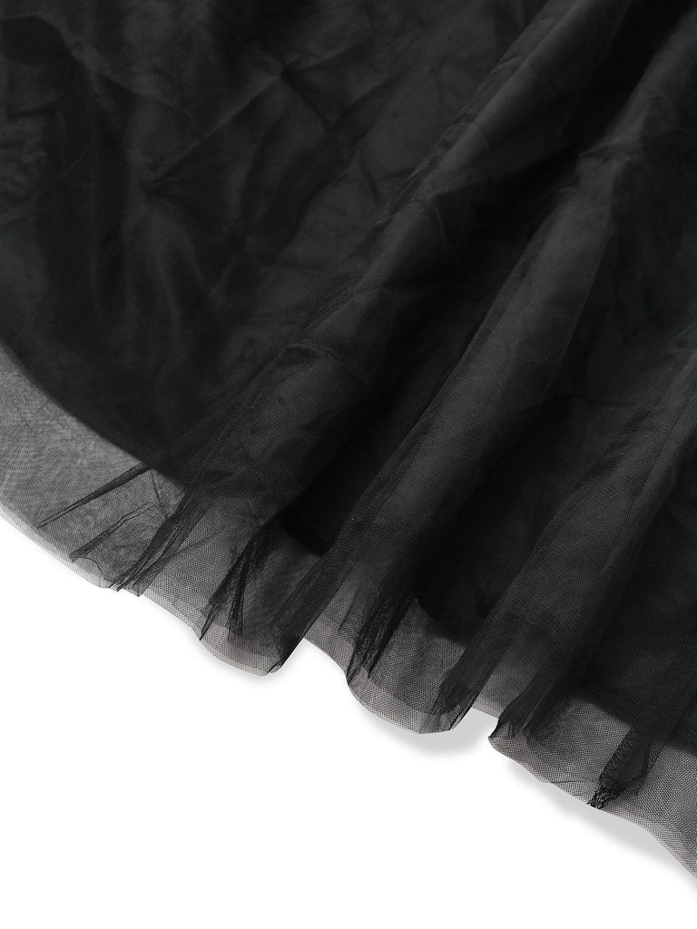 Schwarz 1930er Solide 3D Feder Netz Kleid