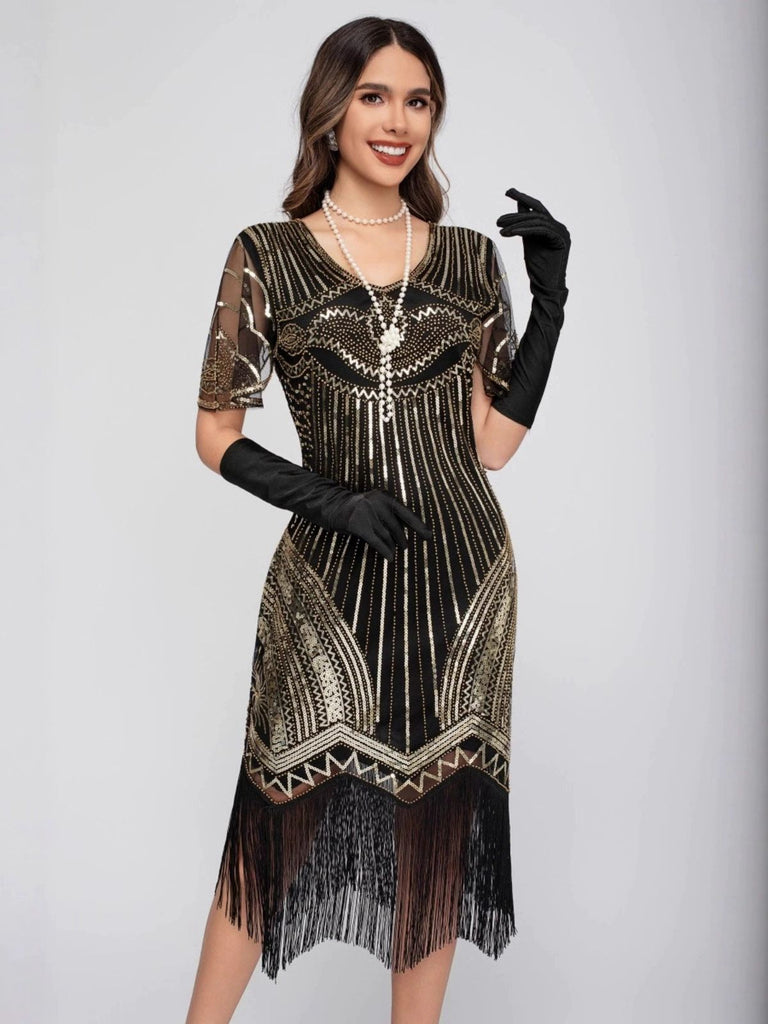 Schwarz 1920er Rundhalsausschnitt Pailletten Tassels Charleston Kleid
