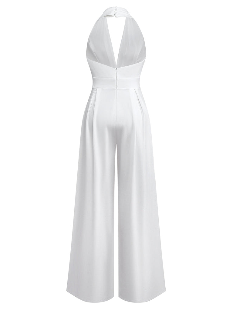 1970er Tief-V-Ausschnitt Solide Super Weitbein Jumpsuit