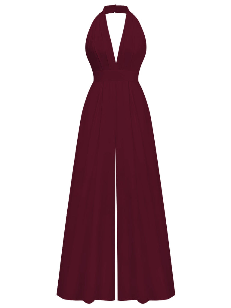 1970er Tief-V-Ausschnitt Solide Super Weitbein Jumpsuit