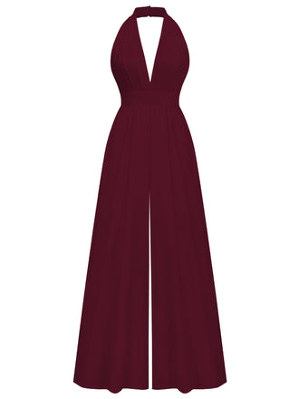 [Vorverkauf] Rot 1970er Tief-V-Ausschnitt Solide Super Weitbein Jumpsuit