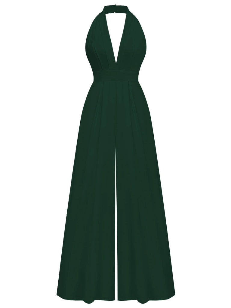 1970er Tief-V-Ausschnitt Solide Super Weitbein Jumpsuit