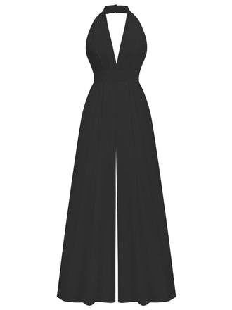 1970er Tief-V-Ausschnitt Solide Super Weitbein Jumpsuit