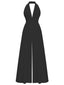 1970er Tief-V-Ausschnitt Solide Super Weitbein Jumpsuit