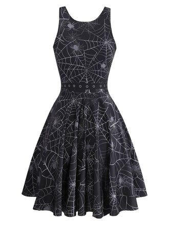 Schwarz 1950er Halloween Spinnennetz Ärmellos Kleid