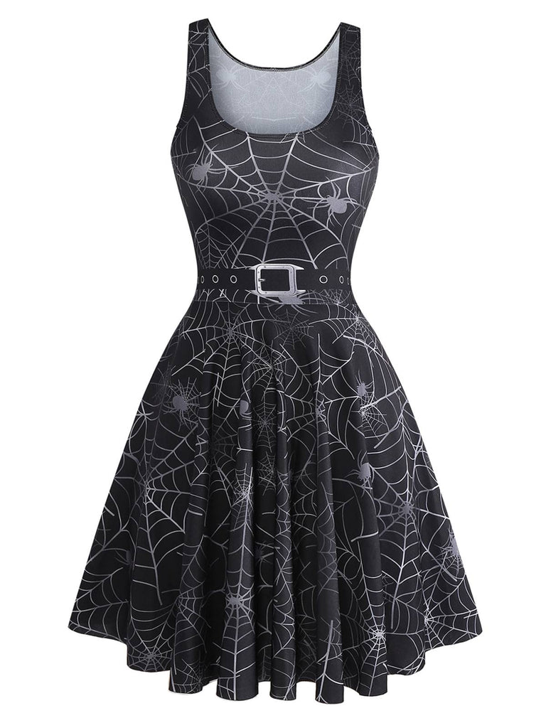 Schwarz 1950er Halloween Spinnennetz Ärmellos Kleid