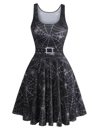 Schwarz 1950er Halloween Spinnennetz Ärmellos Kleid