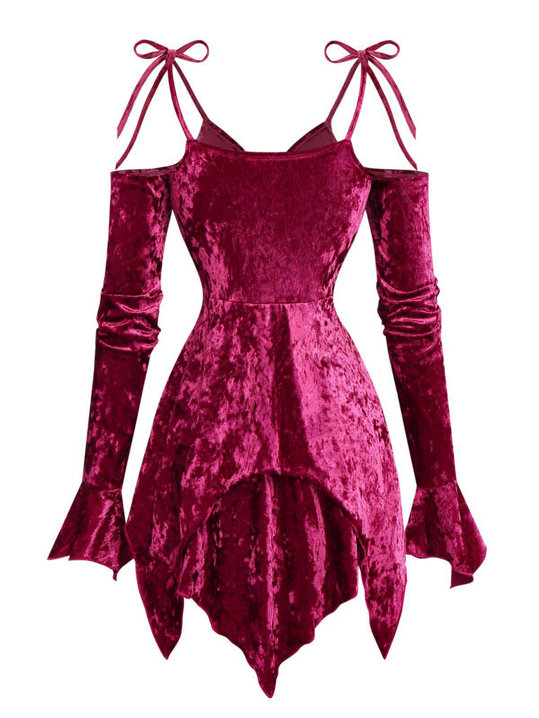 1960er Samt Fledermausärmel Irregulär Saum Kleid