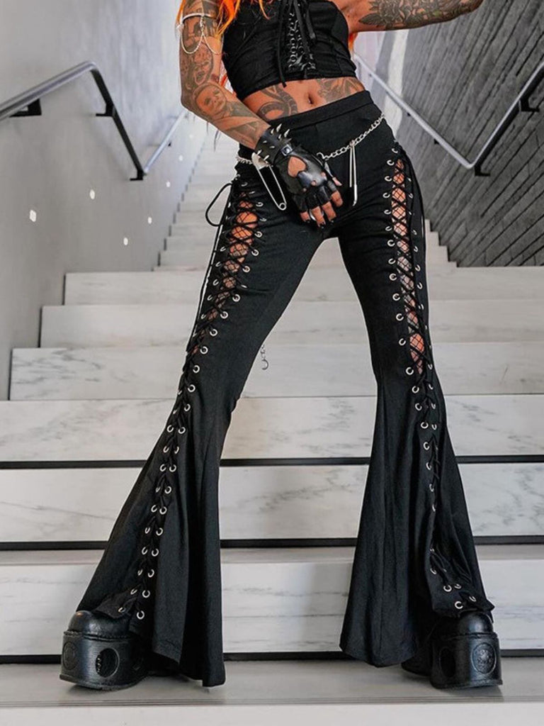 [Vorverkauf] Schwarz 1980er Punk Kordelzug Geschnürt Bootcut Hose