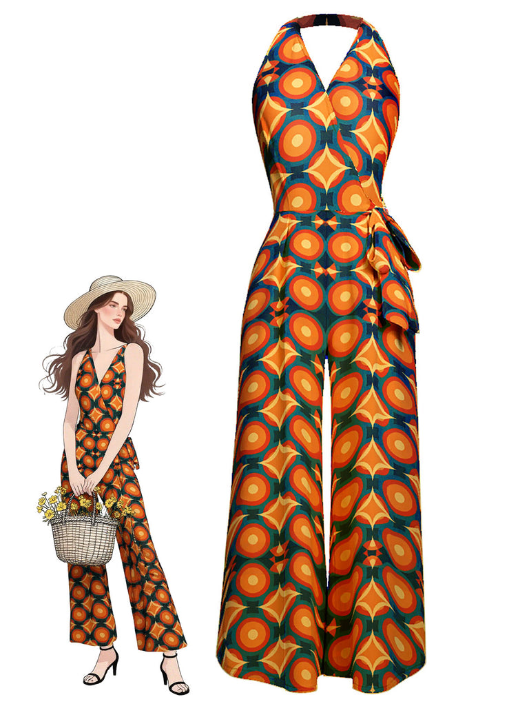 [Vorverkauf] Orange 1970er Halter Geometrischer Druck Jumpsuit