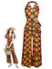 [Vorverkauf] Orange 1970er Halter Geometrischer Druck Jumpsuit