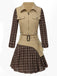 2PCS Khaki 1960er Plaid Patchwork Jacke & Plissiertes Rock