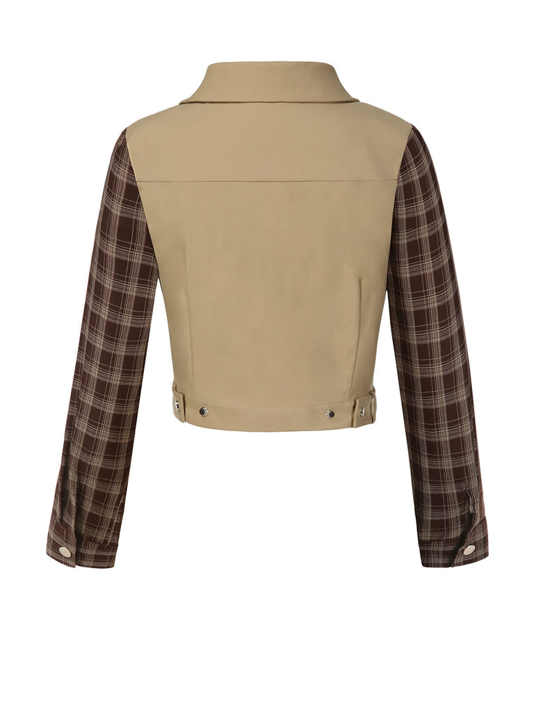 2PCS Khaki 1960er Plaid Patchwork Jacke & Plissiertes Rock