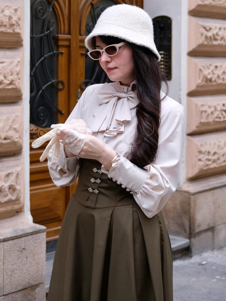 1950er Viktorianisch Bogen Tie Rüschen Langarm Kleid