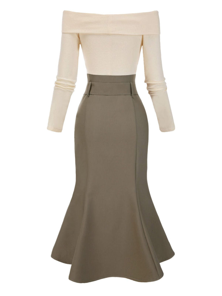 Khaki 1930er Schulterfrei Stricken Gürtel Meerjungfrauenkleid