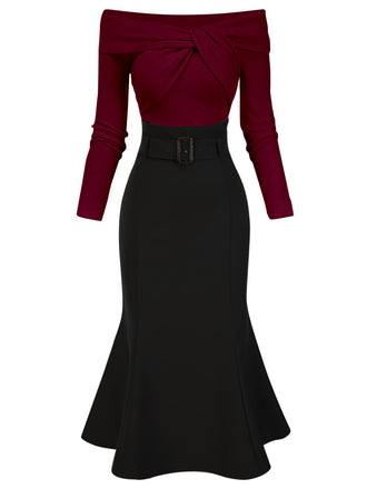 Schwarz 1930er Schulterfrei Stricken Gürtel Meerjungfrauenkleid