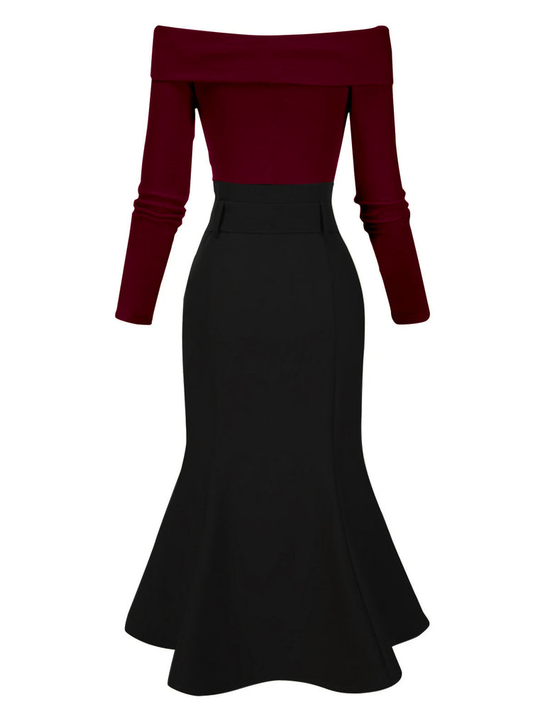 Khaki 1930er Schulterfrei Stricken Gürtel Meerjungfrauenkleid