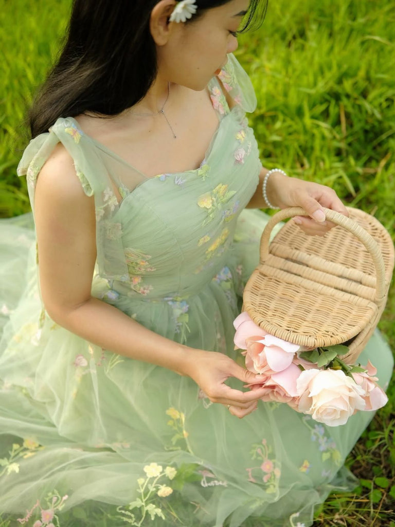 Grün 1930er Schulterkrawatte Stickerei Blumen Netz Kleid