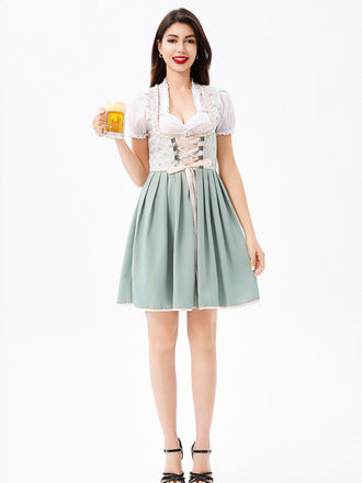 3PCS Grün 1950er Oktoberfest Top & Quadratischer Hals Blumen Kleid