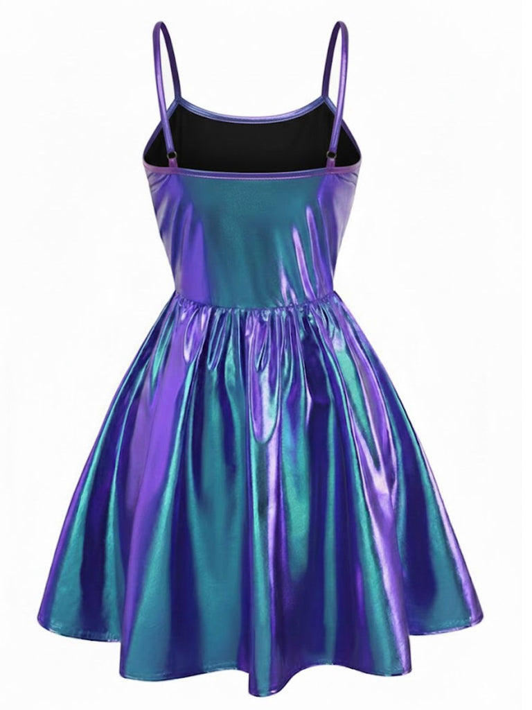 Blau 1980er Metallisch Spaghetti Träger Party Kleid