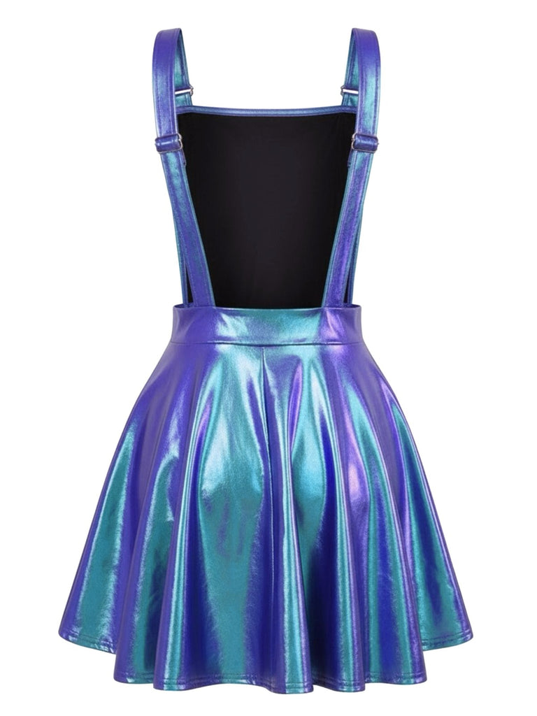 Blau 1970er Metallisch Holographic Suspender Kleid