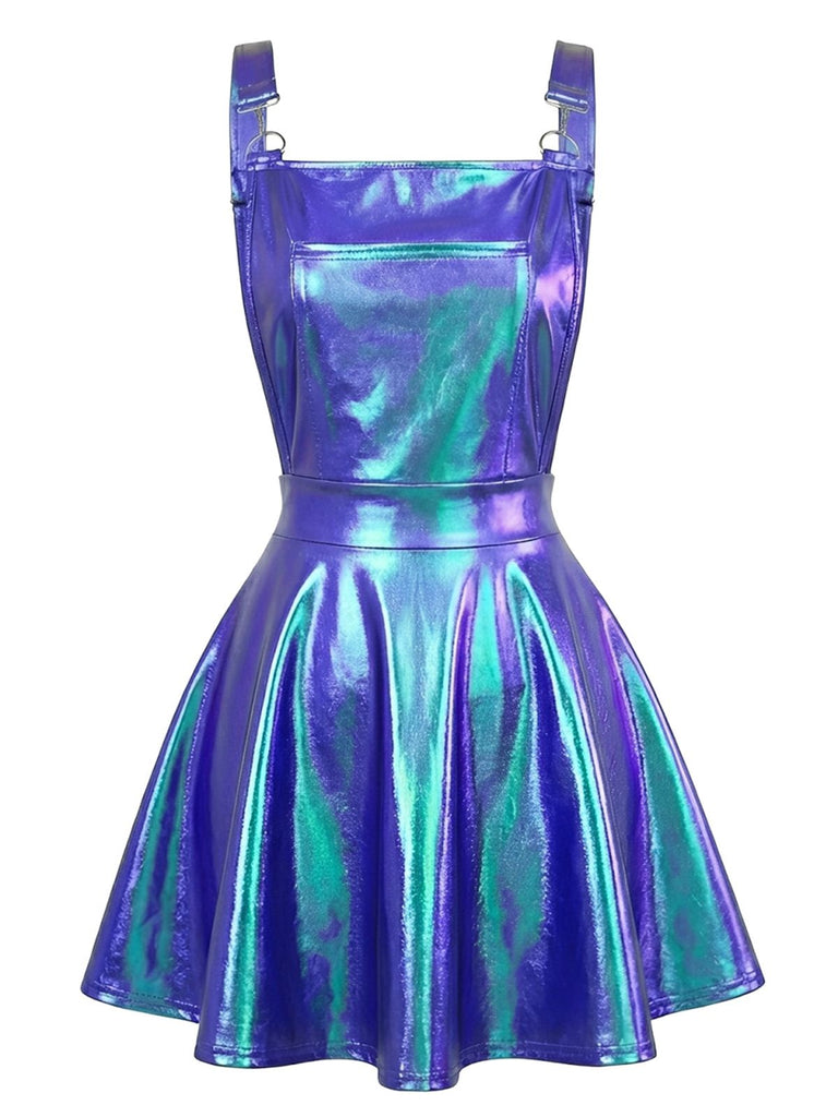 Blau 1970er Metallisch Holographic Suspender Kleid