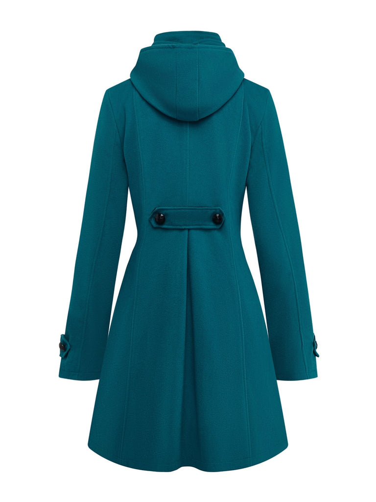 Blau 1930er Solide Kunstwolle Kapuze Mantel