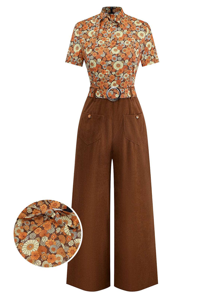 Orange 1970er Gänseblümchen Cord Krawattenhals Jumpsuit