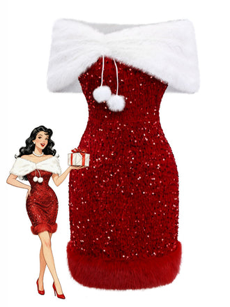 2PCS Rot 1970er Samt Pailletten Kleid & Kunstpelz Schal