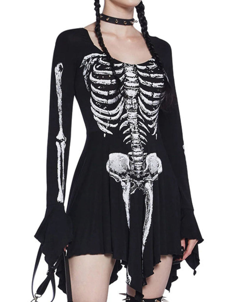 Schwarz 1980er Halloween Schädel Drucken Mini Kleid