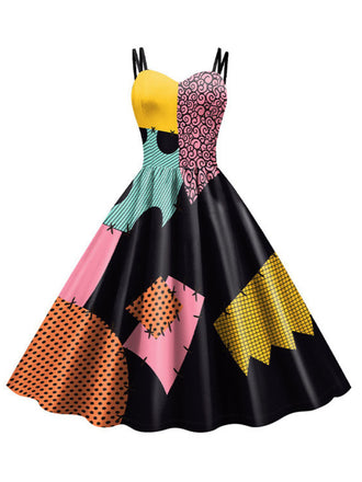 [Vorverkauf] Schwarz 1950er Nightmare Before Christmas Sally Farbblock Kleid