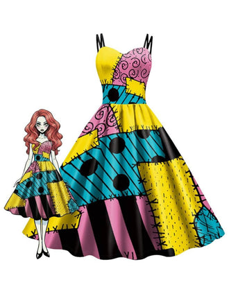 Gelb & Blau 1950er Nightmare Before Christmas Sally Farbblock Kleid