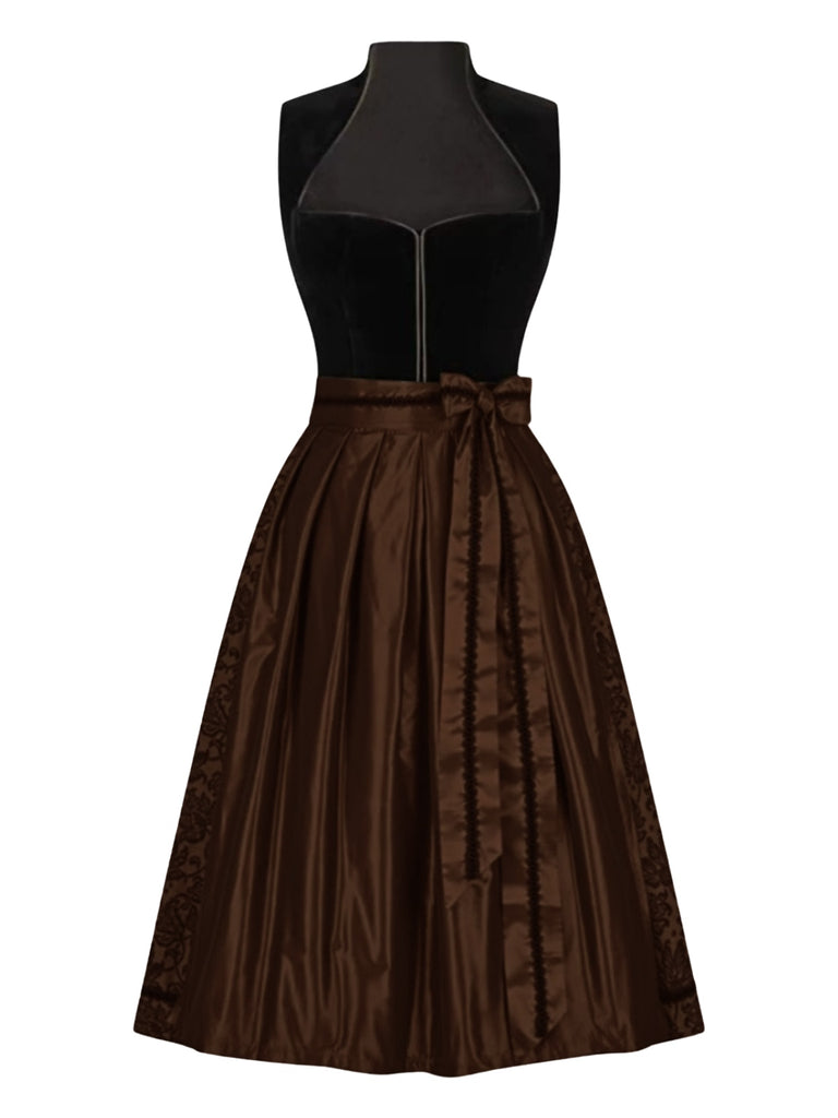 Braun 1950er Oktoberfest Dirndl Häkelsamt Kleid & Satin Plissiertes Schürze