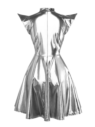 Silber Alien Kostüm 1980er Metallisch Futuristisch Party Mini Kleid