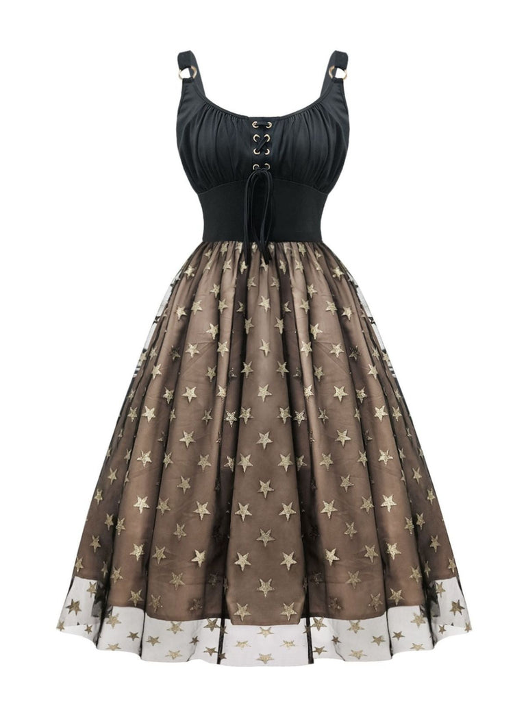 Schwarz 1950er Gold Stern Pailletten Netz Gerüschtes Kleid