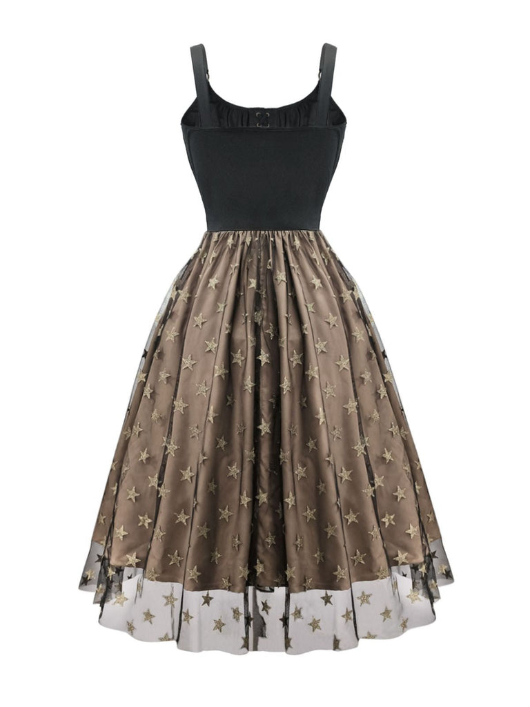 Schwarz 1950er Gold Stern Pailletten Netz Gerüschtes Kleid