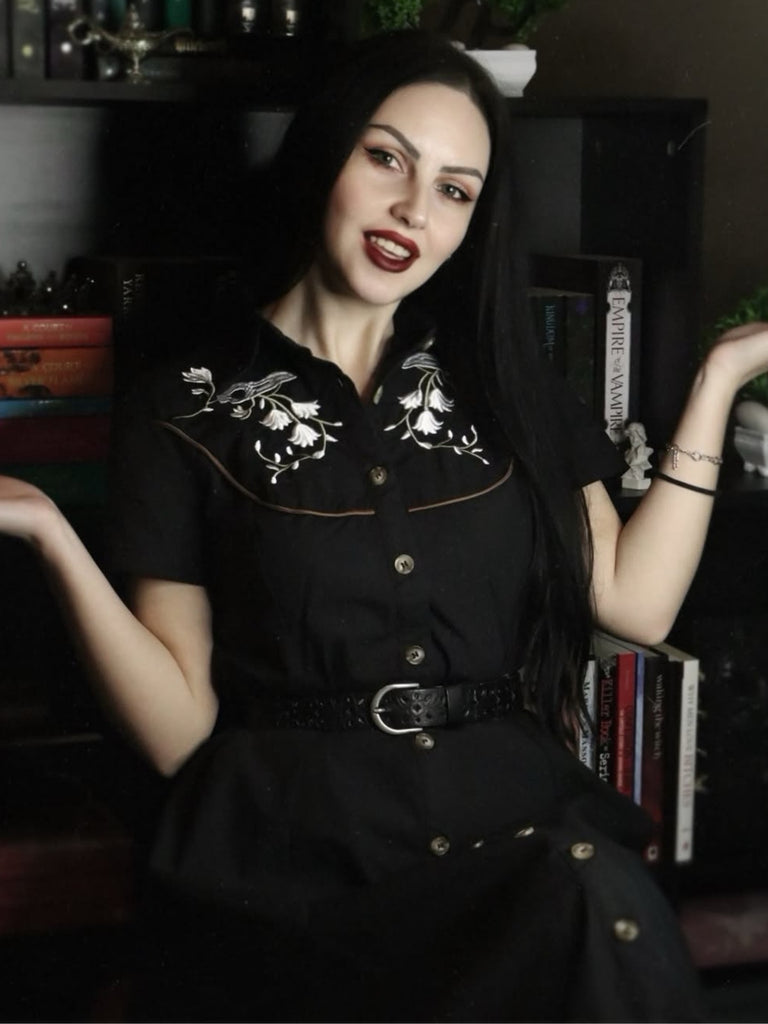 Schwarz 1940er Baumwolle Blumen Besticktes Westlicher Stil Kleid