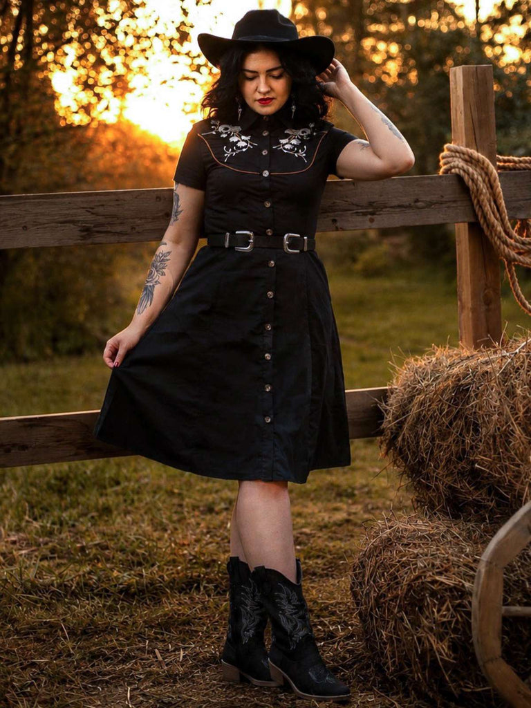 Schwarz 1940er Baumwolle Blumen Besticktes Westlicher Stil Kleid